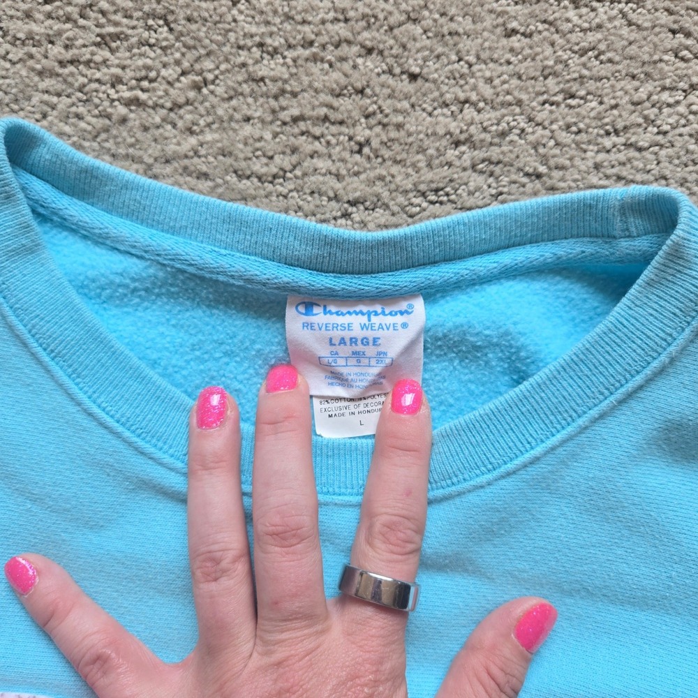Champion Reverse Weave Sweatshirt Womens Small Blue Pink Chenille Script Logo - Picture 6 of 6